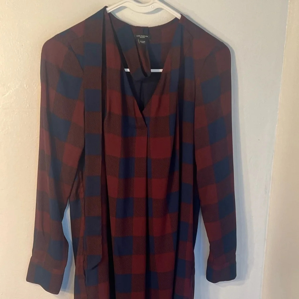 Ann Taylor‎ XXSP plaid design pocketed T-shirt dress long-sleeve, Hi-Lo h…